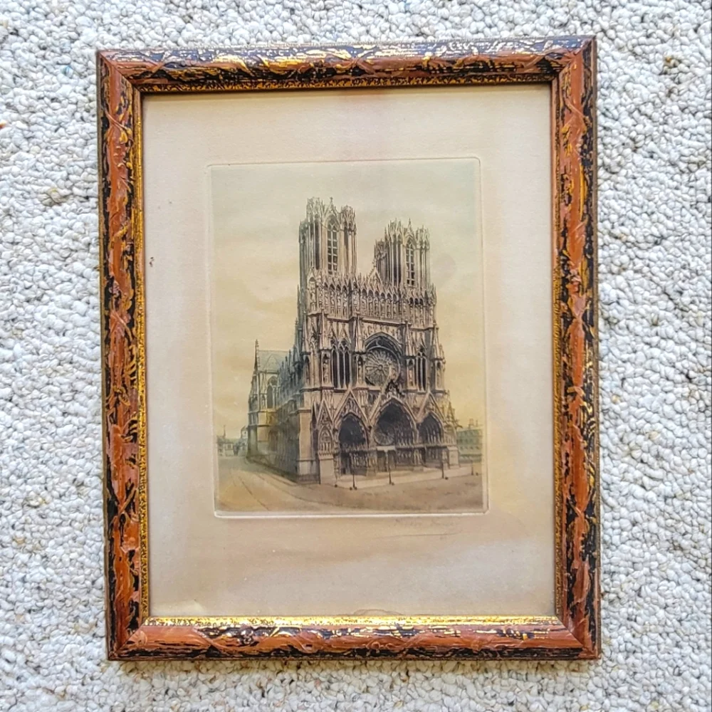 Antique Etching 1930's Notre Dame de Reims Cathedral Victor Valery - Picture 1 of 4